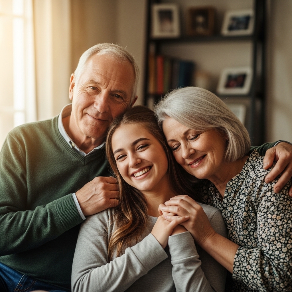 Grandparents hugging granddaughter