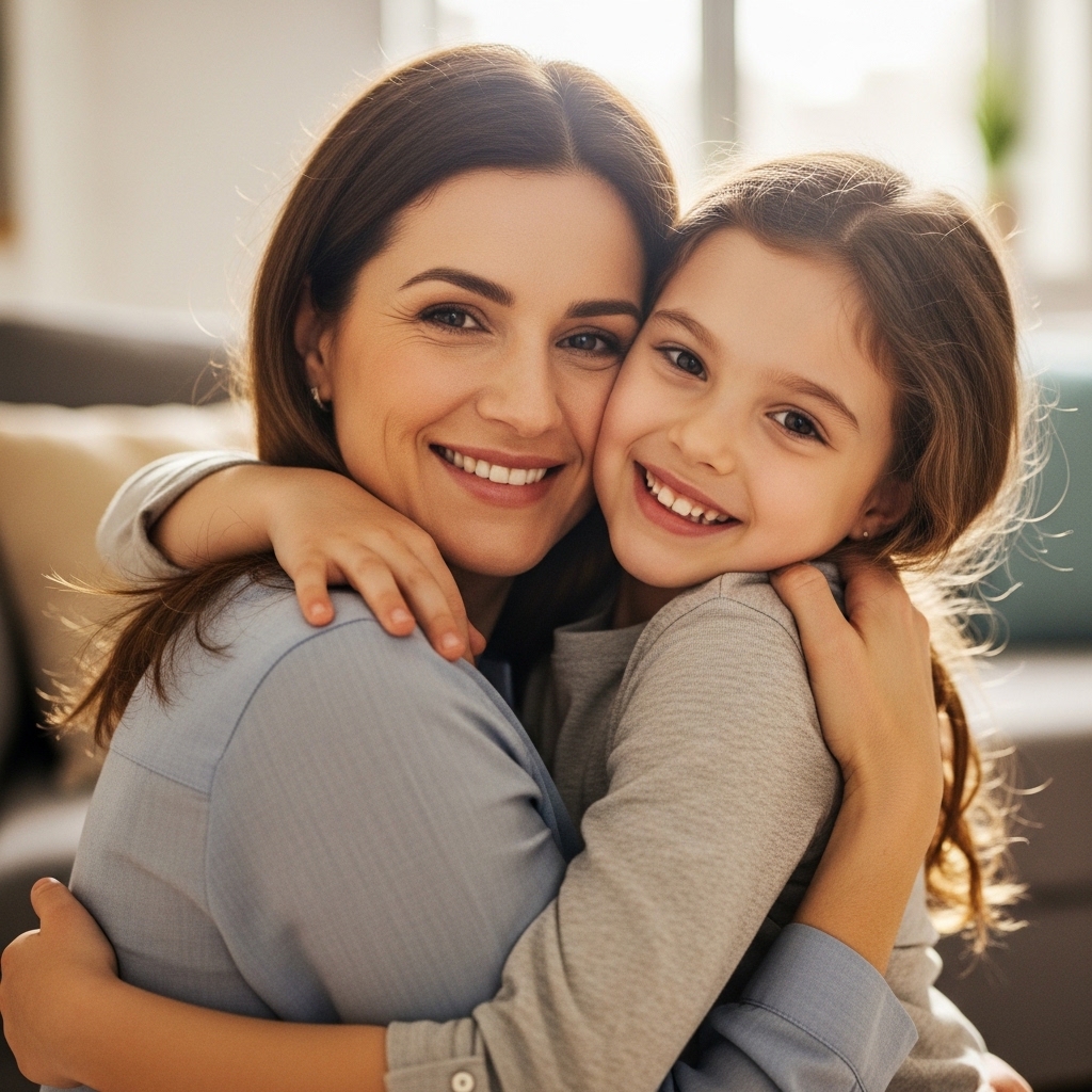 Mother and daughter hugging